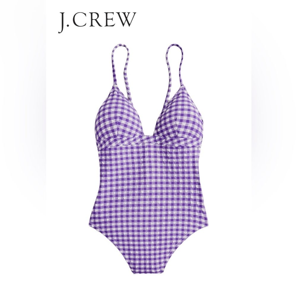 J. Crew NWT Plunge One Piece Gingham Swimsuit Size 22 Purple & White Seersucker